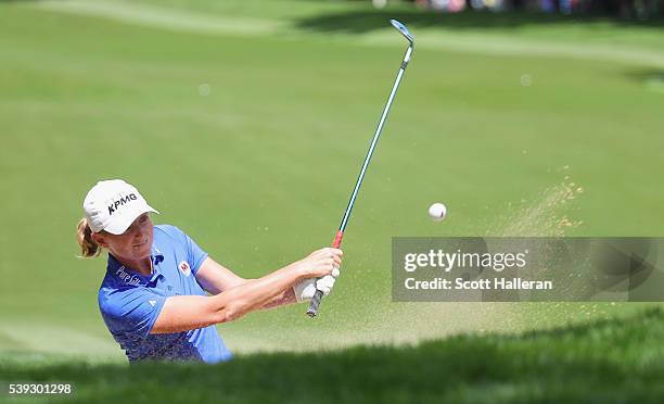 Stacy Lewis plays a bunker shot on the fourth hole during the second round of the KPMG Women's PGA Championship at the Sahalee Country Club on June...