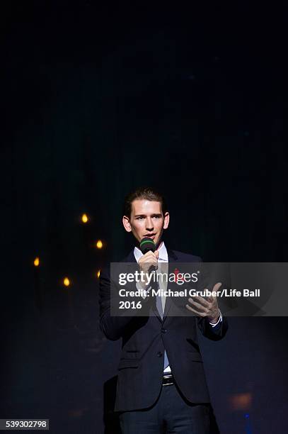 Austrian Foreign Minister Sebastian Kurz speaks on stage during the Red Ribbon Celebration Concert at Burgtheater on June 10, 2016 in Vienna,...