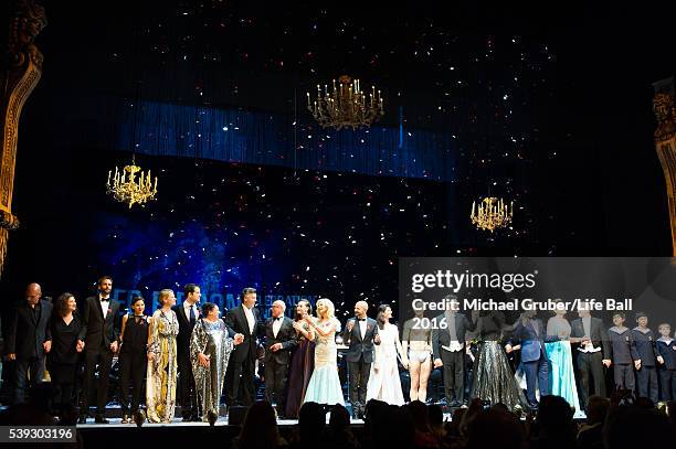 All performers gather on the stage for the final applause during the Red Ribbon Celebration Concert at Burgtheater on June 10, 2016 in Vienna,...