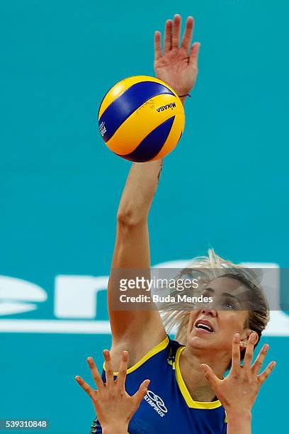 Thaisa Menezes of Brazil spikes the ball during the match between Brazil and Japan on day 2 the FIVB Volleyball World Grand Prix at Carioca Arena 1...