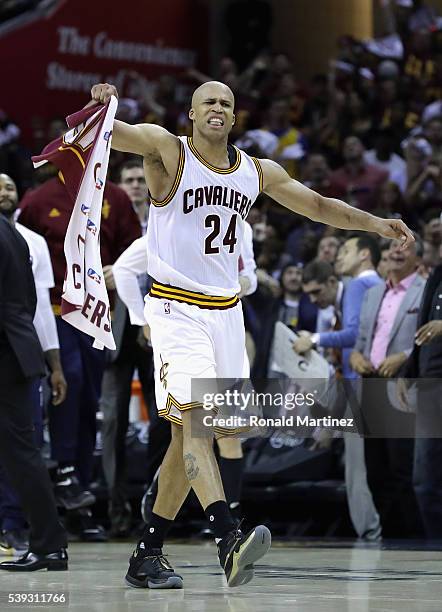 Richard Jefferson of the Cleveland Cavaliers reacts during the first half against the Golden State Warriors in Game 4 of the 2016 NBA Finals at...