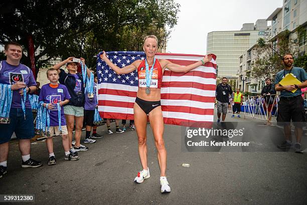 Time Olympian Shalane Flanagan competes in the half marathon race during the 19th running of the Suja Rock 'n' Roll San Diego Marathon on June 5,...