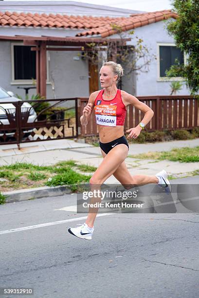 Time Olympian Shalane Flanagan competes in the half marathon race during the 19th running of the Suja Rock 'n' Roll San Diego Marathon on June 5,...