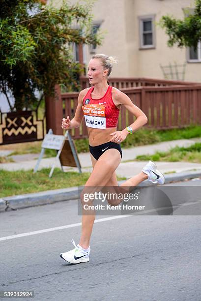 Time Olympian Shalane Flanagan competes in the half marathon race during the 19th running of the Suja Rock 'n' Roll San Diego Marathon on June 5,...