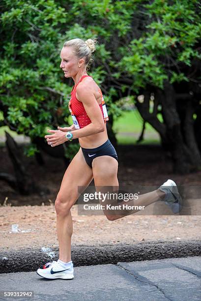 Time Olympian Shalane Flanagan competes in the half marathon race during the 19th running of the Suja Rock 'n' Roll San Diego Marathon on June 5,...