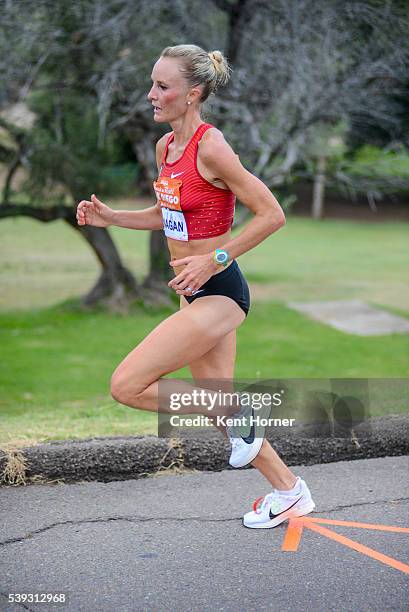 Time Olympian Shalane Flanagan competes in the half marathon race during the 19th running of the Suja Rock 'n' Roll San Diego Marathon on June 5,...