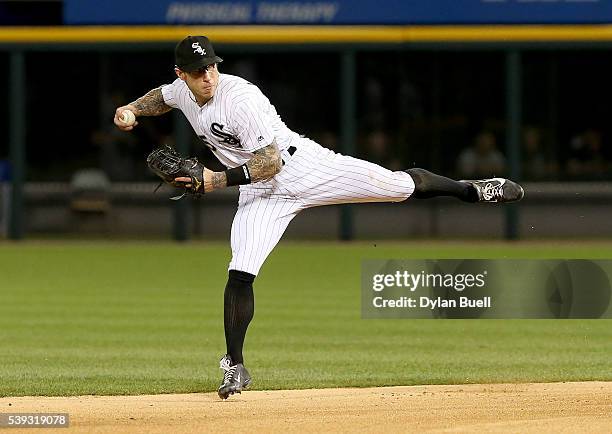 Brett Lawrie of the Chicago White Sox throws to first base in the eighth inning against the Kansas City Royals at U.S. Cellular Field on June 10,...