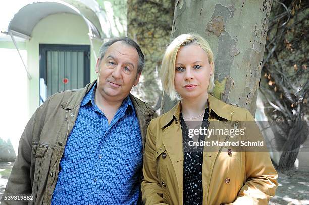 Wolf Bachofner and Katharina Strasser pose during the 'Schnell ermittelt' on set photo call on June 8, 2016 in Vienna, Austria.