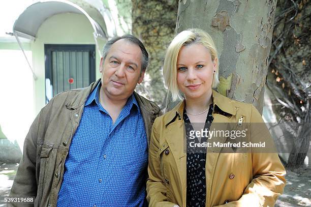 Wolf Bachofner and Katharina Strasser pose during the 'Schnell ermittelt' on set photo call on June 8, 2016 in Vienna, Austria.