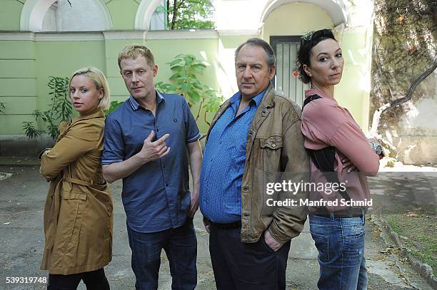 Katharina Strasser, Andreas Lust, Wolf Bachofner and Ursula Strauss pose during the 'Schnell ermittelt' on set photo call on June 8, 2016 in Vienna,...