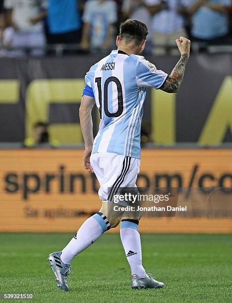 Lionel Messi of Argentina celebrates his first goal against Panama during a match in the 2016 Copa America Centenario at Soldier Field on June 10,...