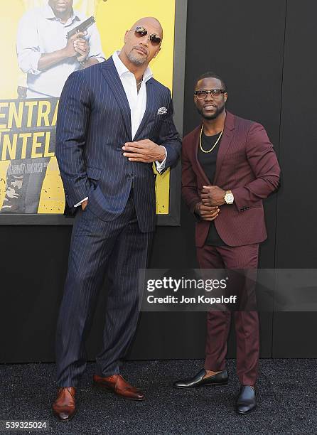 Actors Dwayne Johnson and Kevin Hart arrive at the Los Angeles Premiere "Central Intelligence" at Westwood Village Theatre on June 10, 2016 in...