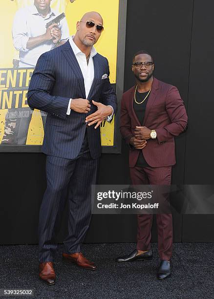 Actors Dwayne Johnson and Kevin Hart arrive at the Los Angeles Premiere "Central Intelligence" at Westwood Village Theatre on June 10, 2016 in...