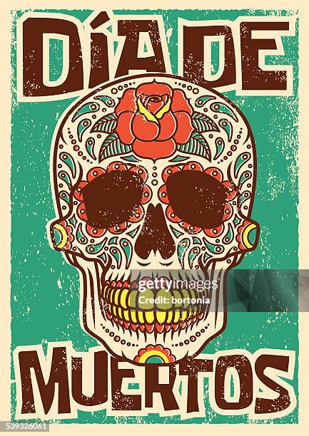 day of the dead sugar skull screen printed poster design - sugar skull stock illustrations