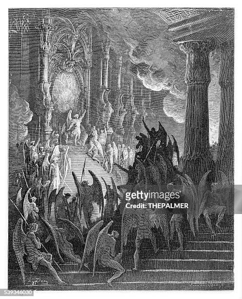 ilustrações, clipart, desenhos animados e ícones de satanás no conselho gravura de 1885 - dante inferno