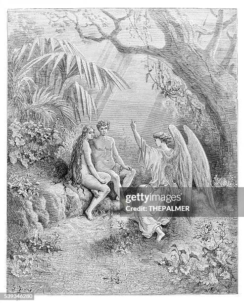 the conference with the angel engraving 1885 - garden of eden stock illustrations