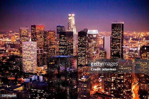aerial downtown los angeles at night - downtown los angeles aerial stock pictures, royalty-free photos & images