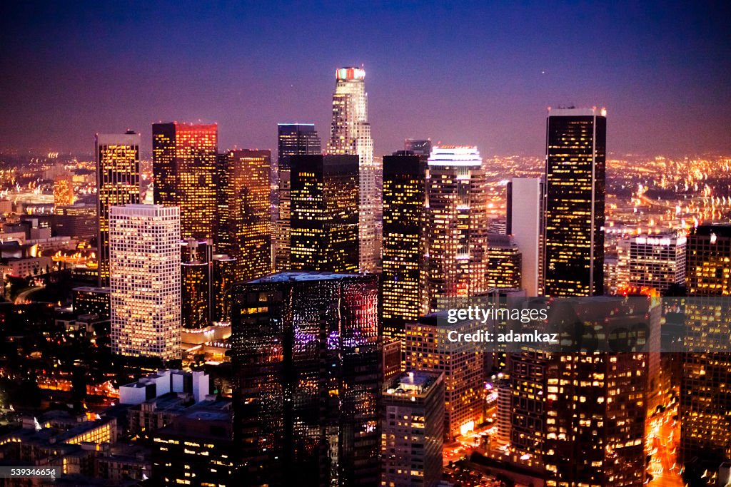 Aerial Downtown Los Angeles at Night