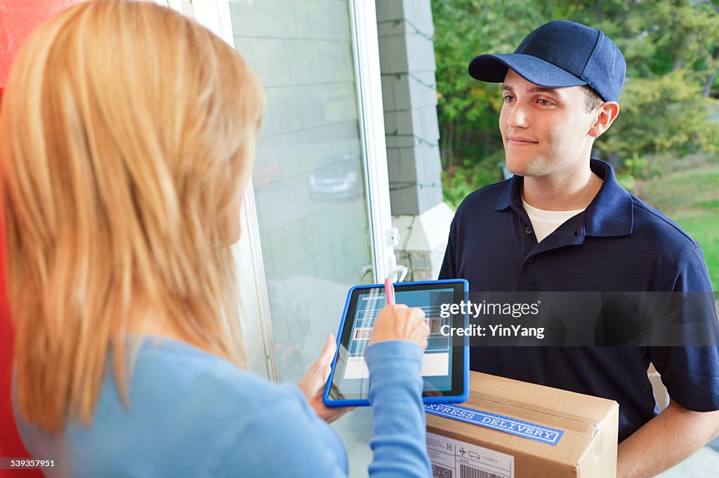 Delivery Person Delivering Package Box Container to Home Customer