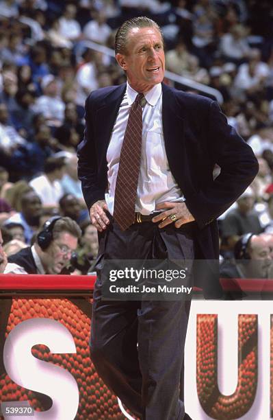 Head coach Pat Riley of the Miami Heat walks the sideline during the NBA game against the Atlanta Hawks at Phillips Arena in Atlanta, Georgia. The...