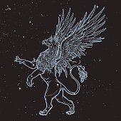 Griffin, griffon, or gryphon on nightsky background.