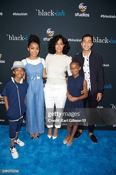 Actors Miles Brown, Yara Shahidi, Tracee Ellis, Marsai Martin and Marcus Scribner attend the FYC Event For ABC's "Black-ish" at Dave & Busters on...