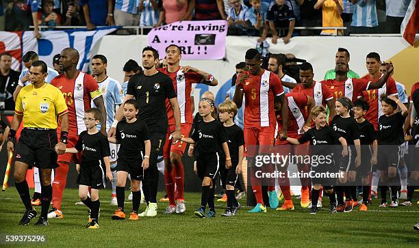 Players walk out the field before a group D match between Argentina and Panama at Soldier Field as part of Copa America Centenario US 2016 on June...