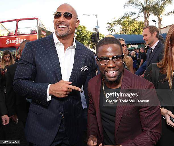 Dwayne Johnson and Kevin Hart attend the premiere Of Warner Bros. Pictures' "Central Intelligence" at Westwood Village Theatre on June 10, 2016 in...