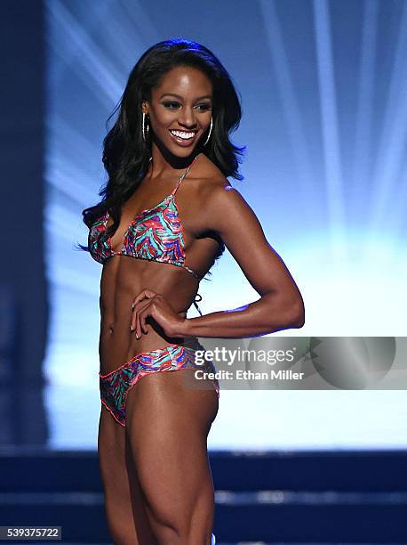 Miss Virginia USA 2016 Desi Williams competes in the swimsuit competition during the 2016 Miss USA pageant at T-Mobile Arena on June 5, 2016 in Las...