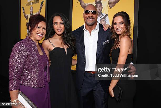 Dwayne Johnson with his mother Ata Johnson, daughter Simone Alexandra Johnson and girlfriend Lauren Hashian attend the premiere Of Warner Bros....