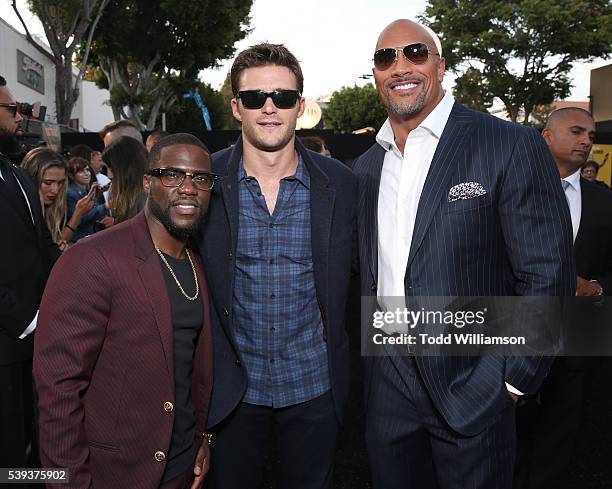Kevin Hart, Scott Eastwood and Dwayne Johnson attend the premiere Of Warner Bros. Pictures' "Central Intelligence" at Westwood Village Theatre on...