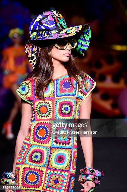 Model walks the runway at the Moschino Spring/Summer 17 Menswear and Women's Resort Collection during MADE LA at L.A. LIVE Event Deck on June 10,...