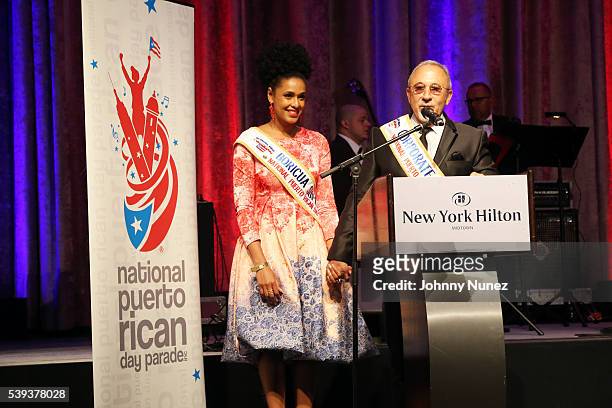 Actress Jeimy Osorio and musician Emilio Estefan appear onstage at the 2016 NPRDP Scholarship Fundraiser Gala at New York Hilton Midtown on June 10,...