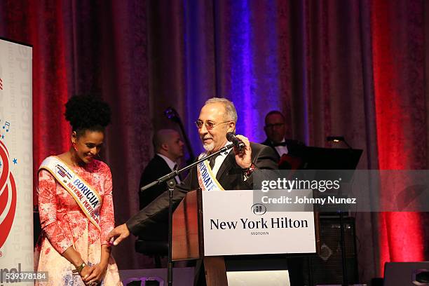 Actress Jeimy Osorio and musician Emilio Estefan appear onstage at the 2016 NPRDP Scholarship Fundraiser Gala at New York Hilton Midtown on June 10,...