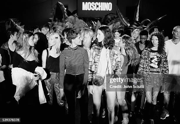 Models congregate on the runway at the Moschino Spring/Summer 17 Menswear and Women's Resort Collection during MADE LA at L.A. LIVE Event Deck on...