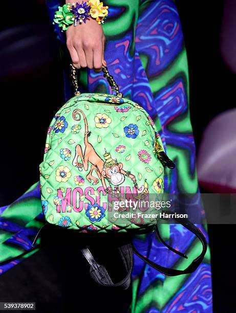 Model, handbag and fashion detail, walks the runway at the Moschino Spring/Summer 17 Menswear and Women's Resort Collection during MADE LA at L.A....