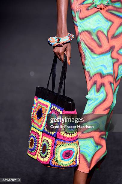 Model, handbag and fashion detail, walks the runway at the Moschino Spring/Summer 17 Menswear and Women's Resort Collection during MADE LA at L.A....