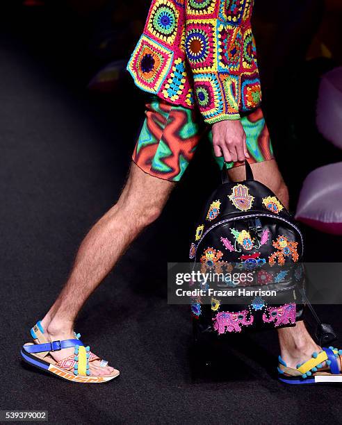 Mode, backpack and shoe detail, walks the runway at the Moschino Spring/Summer 17 Menswear and Women's Resort Collection during MADE LA at L.A. LIVE...