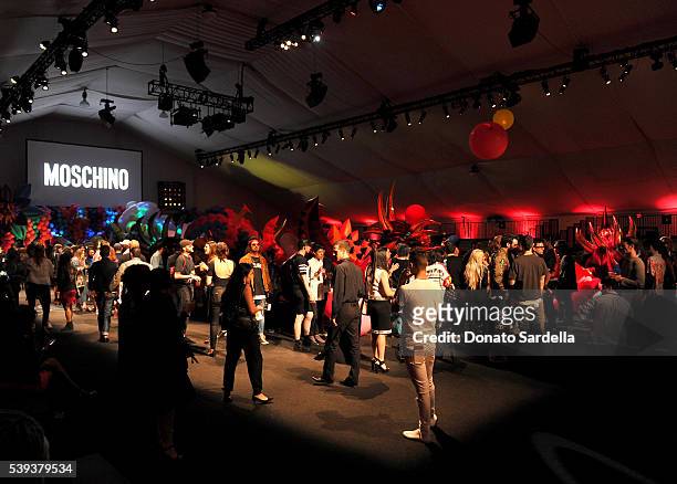 Models walk the runway at the Moschino Spring/Summer17 Menswear and Women's Resort Collection after party during MADE LA at L.A. LIVE Event Deck on...