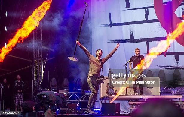 Jack Barakat and Bryan Donahuem of All Time Low perform onstage headlining during day 1 of Download Festival at Donnington Park on June 10, 2016 in...