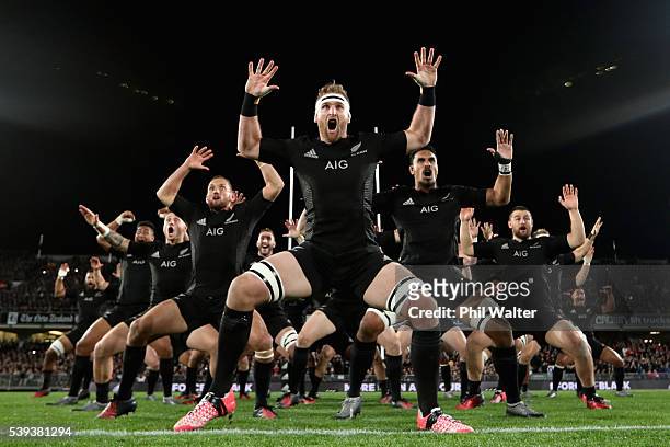 All Black captain Kieran Read performs the haka during the International Test match between the New Zealand All Blacks and Wales at Eden Park on June...