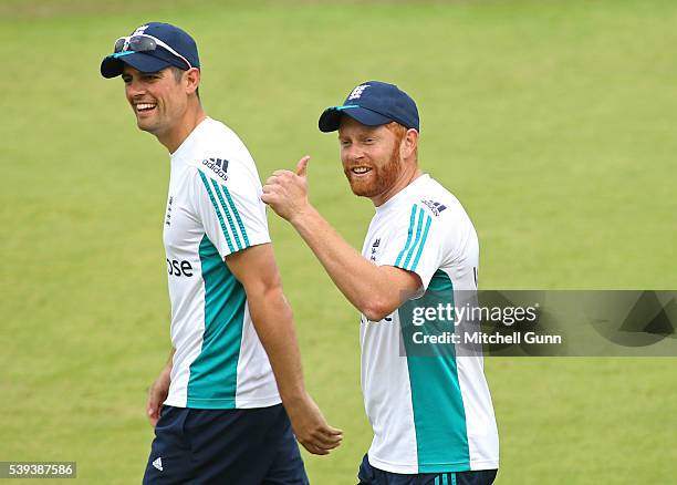 Alastair Cook and Jonny Bairstow of England before day three of the 3rd Investec Test match between England and Sri Lanka at Lords Cricket Ground on...
