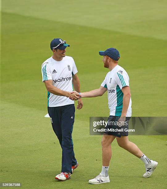 Alastair Cook and Jonny Bairstow of England before day three of the 3rd Investec Test match between England and Sri Lanka at Lords Cricket Ground on...