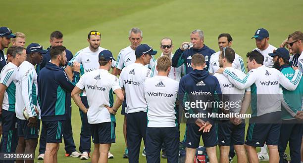 Alastair Cook of England leads a team meeting before day three of the 3rd Investec Test match between England and Sri Lanka at Lords Cricket Ground...