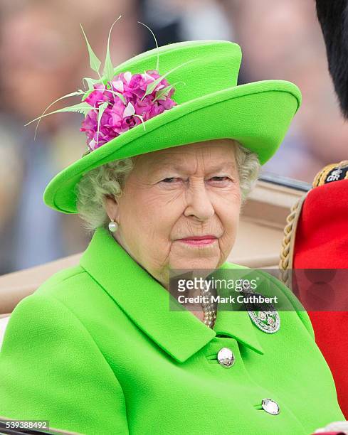 Queen Elizabeth II during the Trooping the Colour, this year marking the Queen's 90th birthday at The Mall on June 11, 2016 in London, England. The...