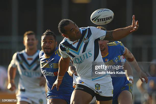 Zeb Taia of the Titans loses control of the ball during the round 14 NRL match between the Parramatta Eels and the Gold Coast Titans at TIO Stadium...