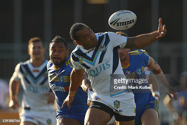 Zeb Taia of the Titans loses control of the ball during the round 14 NRL match between the Parramatta Eels and the Gold Coast Titans at TIO Stadium...