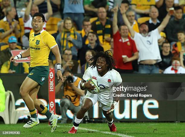Marland Yarde of England celebrates after scoring their second try during the International Test match between the Australian Wallabies and England...