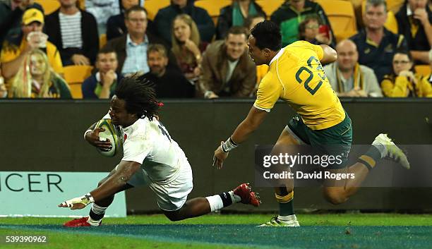 Marland Yarde of England scores their second try during the International Test match between the Australian Wallabies and England at Suncorp Stadium...