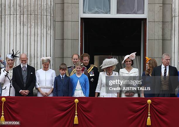 Royal family and guests gather on the balcony of Buckingham Palace Britain's Princess Michael of Kent, Britain's Prince Michael of Kent, Britain's...